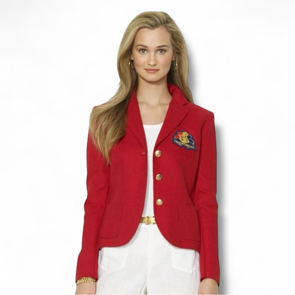 Ralph Lauren Nautical Anchor Crest Pocket Linen Lined Blazer Jacket in Red Sz 14 - Picture 1 of 8